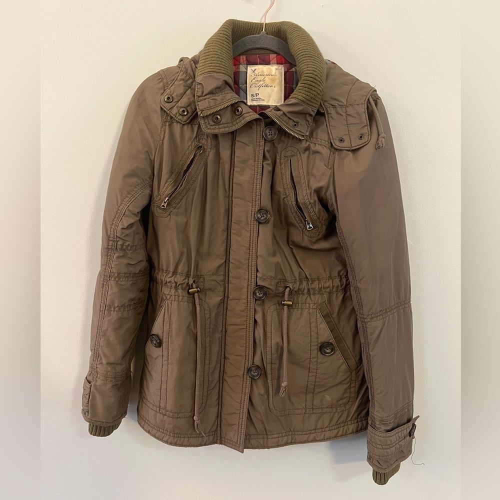 American Eagle Outfitters AEO Small Olive Green Military Jacket Zip Off Hood VTG - Picture 2 of 8